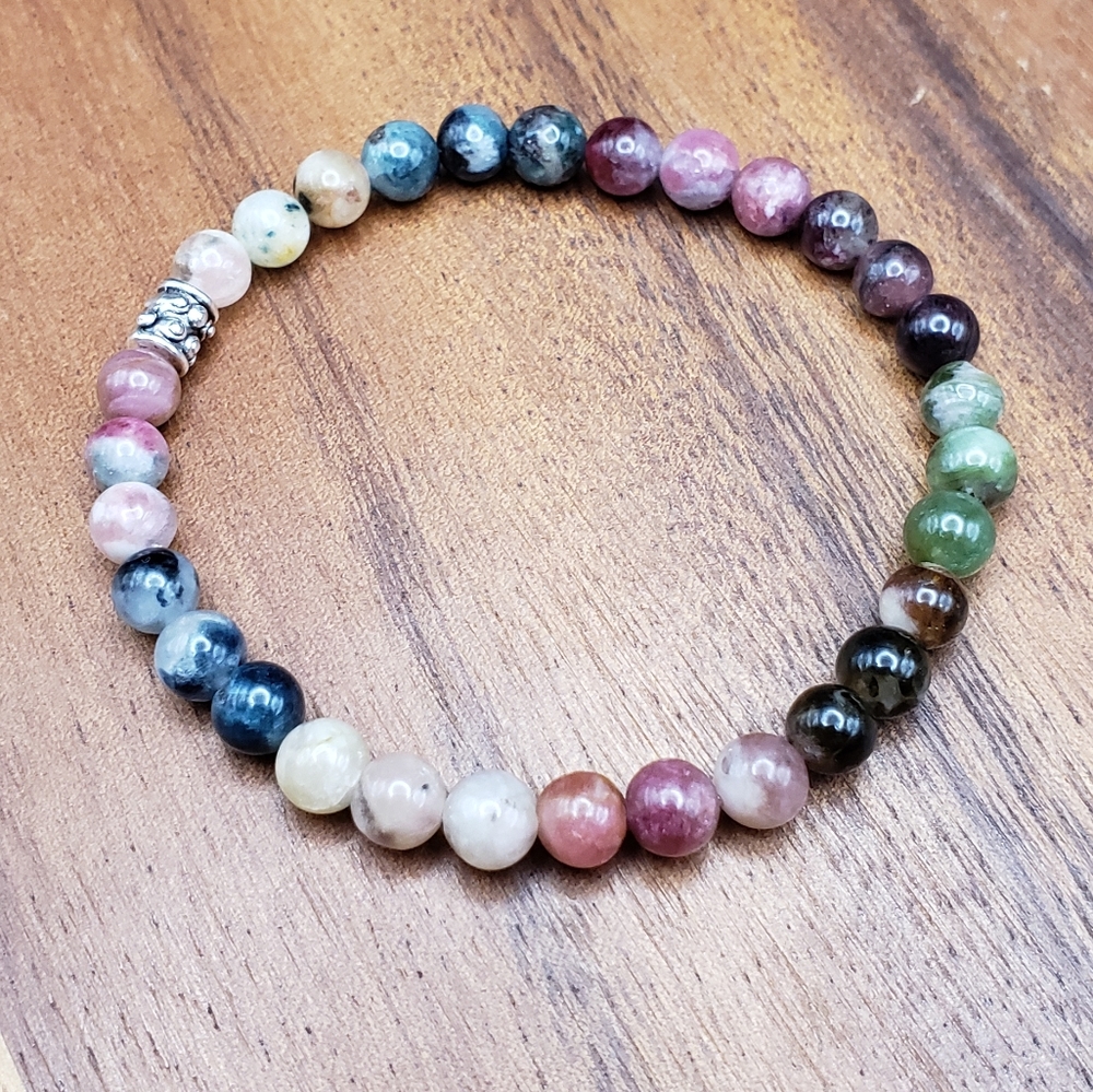 SOLD Watermelon Tourmaline & Silver Accent Beads Bracelet - Picture 4 of 11